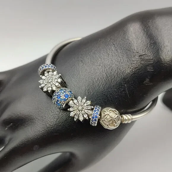 Pandora Sterling 925 Pattern Of Love Bangel Bracelet 5 Charms Clear & Blue CZ